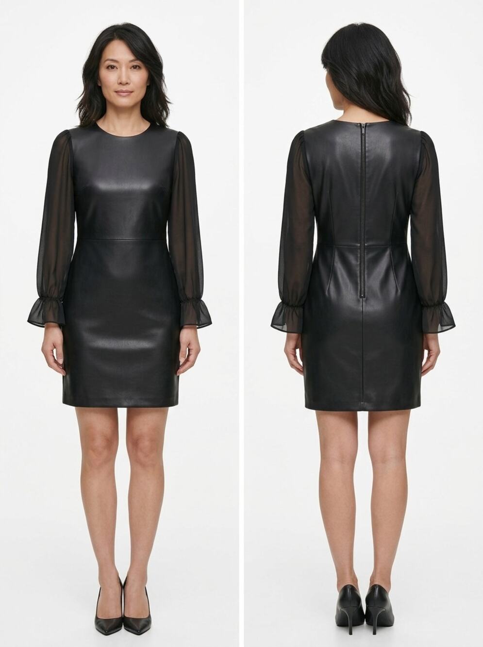 Calvin Klein Faux Leather Black Sheath Mini Ruffle Dress Women Size 8